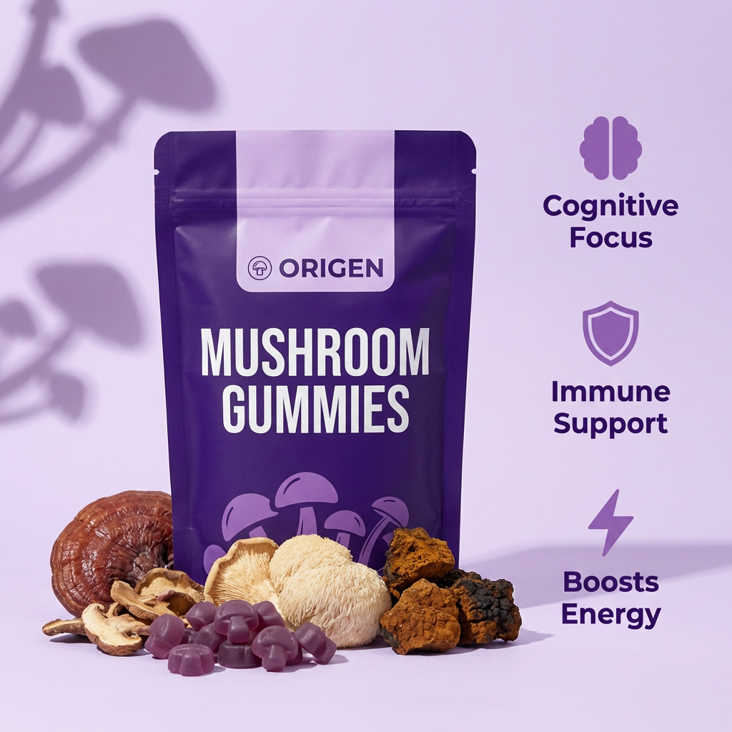 ORIGEN Mushroom Gummies hero with mushrooms